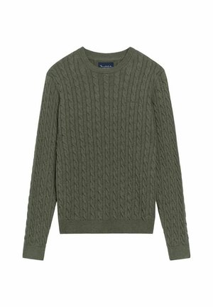Groene kabelgebreide trui, ronde hals, lange mouwen, geribde manchetten en onderkant, textuurpatroon over de hele trui, gemaakt van zacht materiaal.