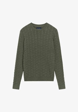 Groene kabelgebreide trui, ronde hals, lange mouwen, geribde manchetten en onderkant, textuurpatroon over de hele trui, gemaakt van zacht materiaal.