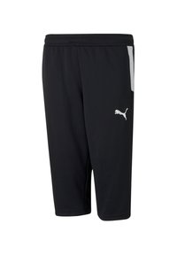 Zwarte sportshorts van ademend materiaal, met een elastische tailleband, een witte zijpaneel en een klein wit logo.