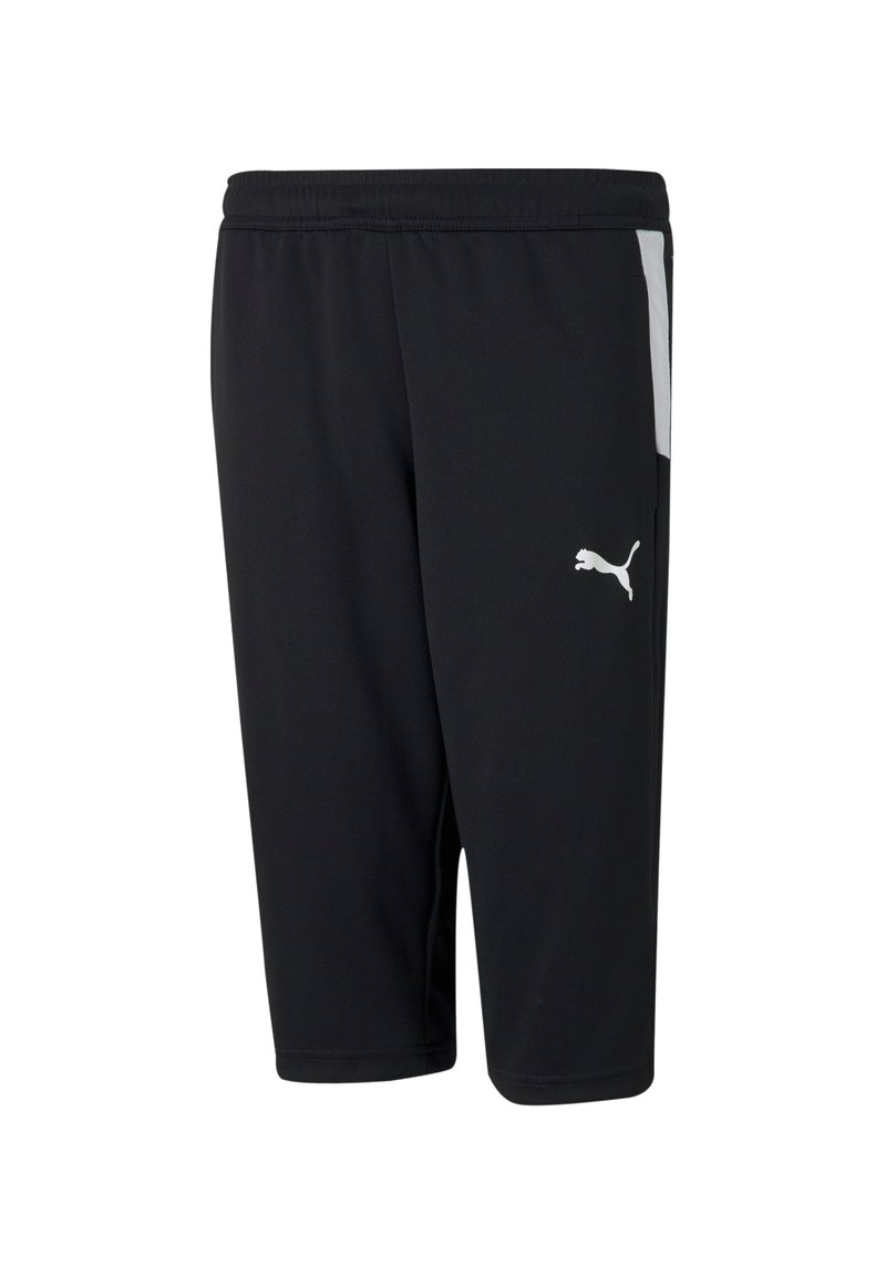 Zwarte sportshorts van ademend materiaal, met een elastische tailleband, een witte zijpaneel en een klein wit logo.