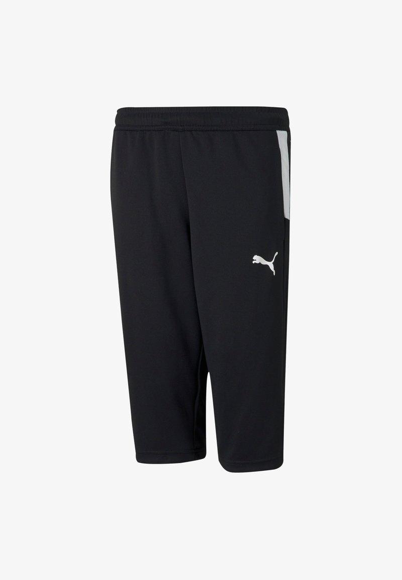 Schwarze Sportshorts aus atmungsaktivem Material, mit einem elastischen Bund, weißen Seitenstreifen und einem kleinen weißen Logo.