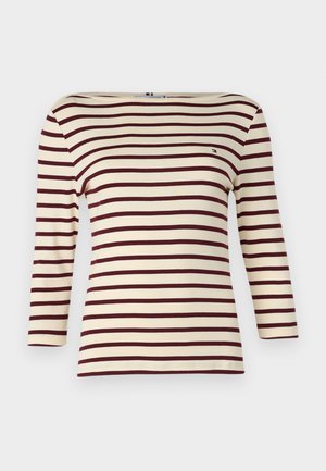 Camicia a maniche lunghe a righe con strisce orizzontali alternate color bordeaux e crema, scollatura ampia e un piccolo logo sul lato sinistro del petto.