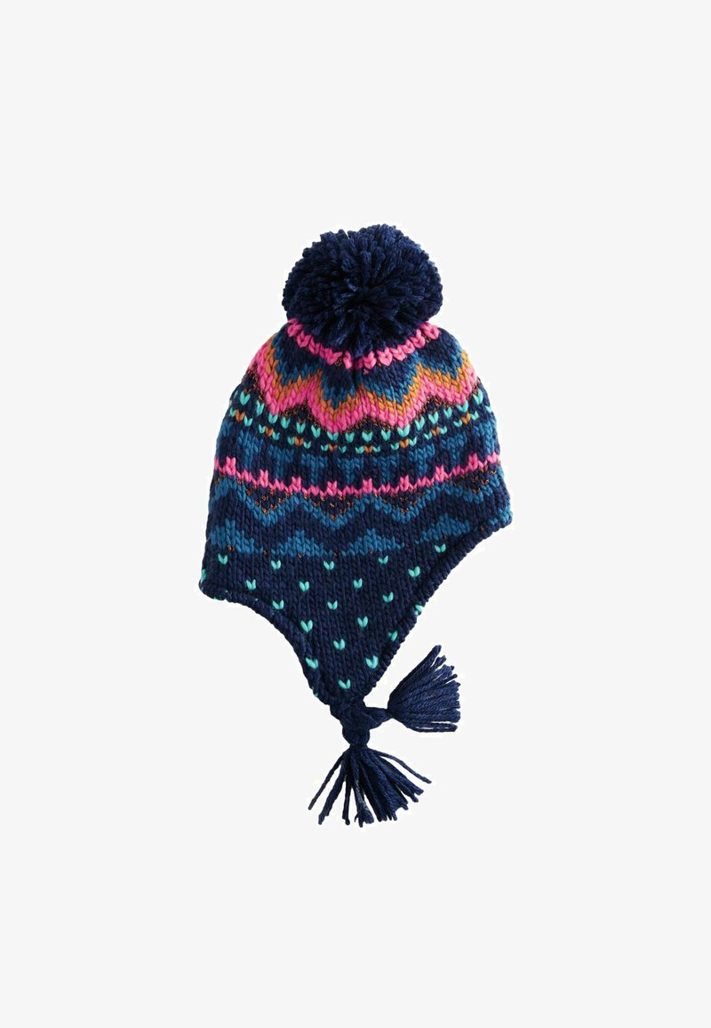 Navy knit hat with multicolored zigzag and heart patterns. Features a large pom-pom on top and tassels at the chin.