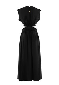Robe maxi noire avec une coupe décontractée, taille froncée, manches courtes, et un dos nu. Fabriquée à partir d'un tissu léger et lisse avec une texture fluide.