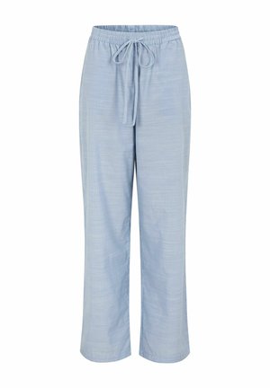 Pantaloni azzurri chiaro, dalla vestibilità ampia con vita elastica e coulisse, caratterizzati da un motivo a quadretti sottile.