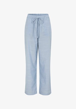 Pantaloni azzurri chiaro, dalla vestibilità ampia con vita elastica e coulisse, caratterizzati da un motivo a quadretti sottile.