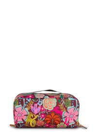 Kleurrijke cosmetica tas met bloemenpatroon, met een ritssluiting, een ronde vorm, van stof materiaal, en een handige draaghandgreep aan de bovenkant.