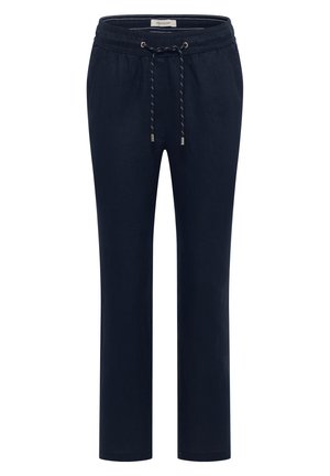 Pantaloni casual blu navy con vita elastica e coulisse bianca, taglio gamba dritto, realizzati in tessuto leggero.