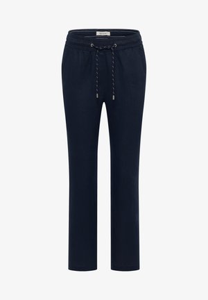 Donkerblauwe casual broek met elastische tailleband en wit trekkoord, rechte pijp, gemaakt van lichtgewicht stof.