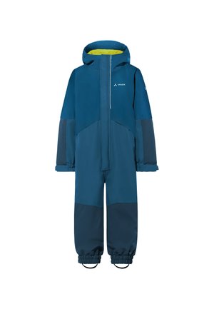 Blauer wasserdichter Overall mit Kapuze, der kontrastierende hellblaue und dunkelblaue Einsätze, elastische Bündchen und einen Frontreißverschluss aufweist.