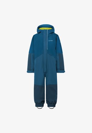 Blauwe waterdichte overall met een gele voering, voorzien van een capuchon, elastische manchetten en contrasterende panelen. Ontworpen voor buitenactiviteiten.