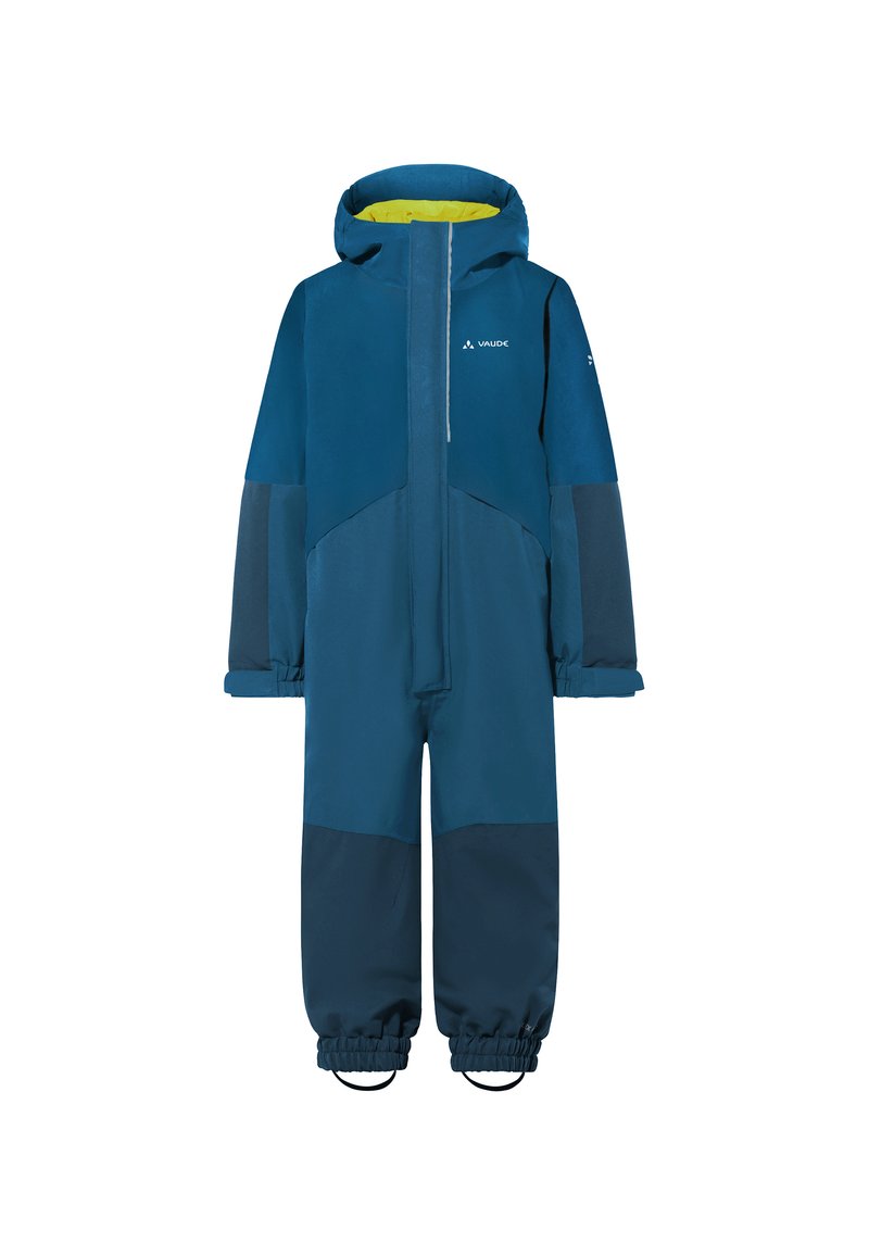 Blauwe waterdichte overall met een gele voering, voorzien van een capuchon, elastische manchetten en contrasterende panelen. Ontworpen voor buitenactiviteiten.