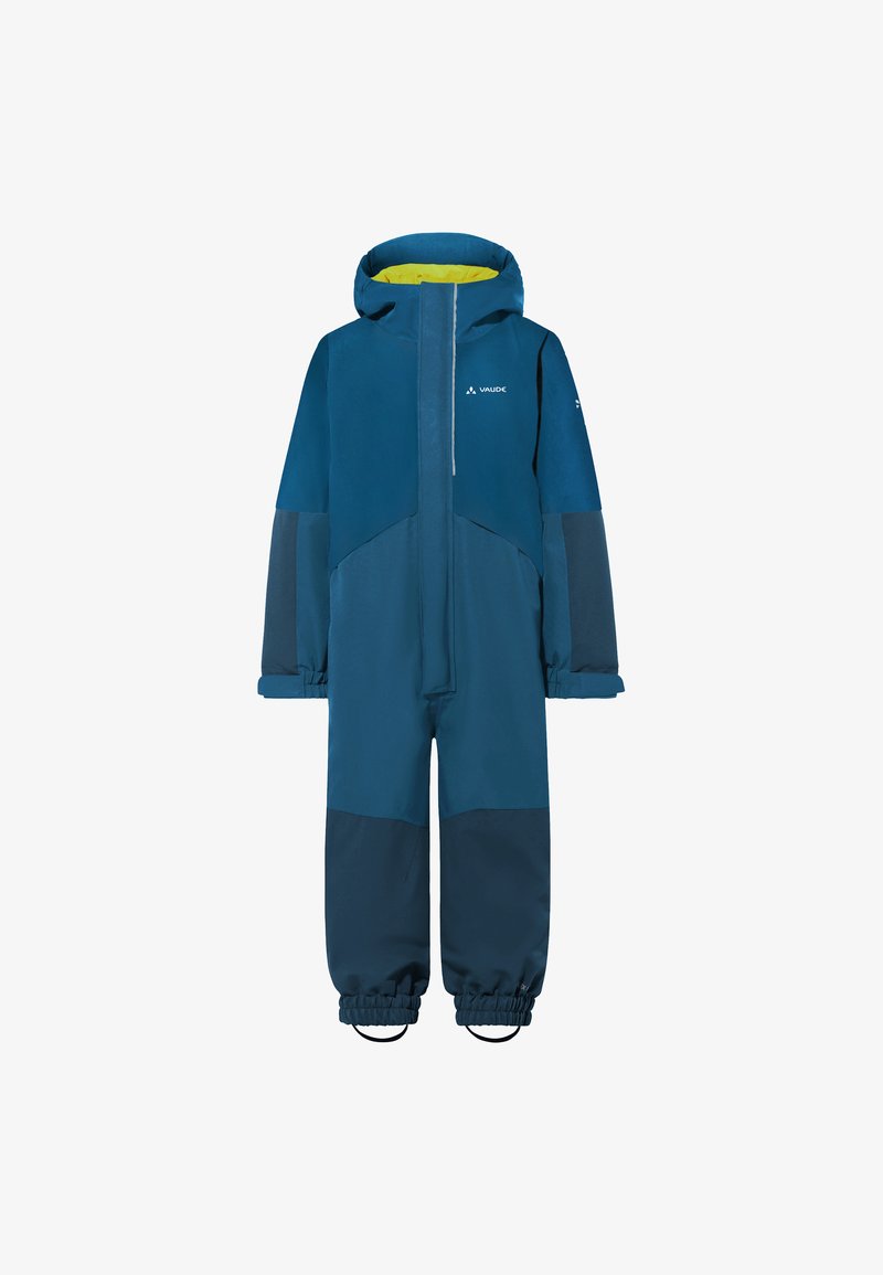 Blauwe waterdichte overall met een gele voering, voorzien van een capuchon, elastische manchetten en contrasterende panelen. Ontworpen voor buitenactiviteiten.