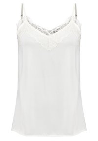 Bílá tílko s nastavitelnými ramínky, na výstřihu s jemnou krajkovou lemovkou. Hladká látka s uvolněným střihem.