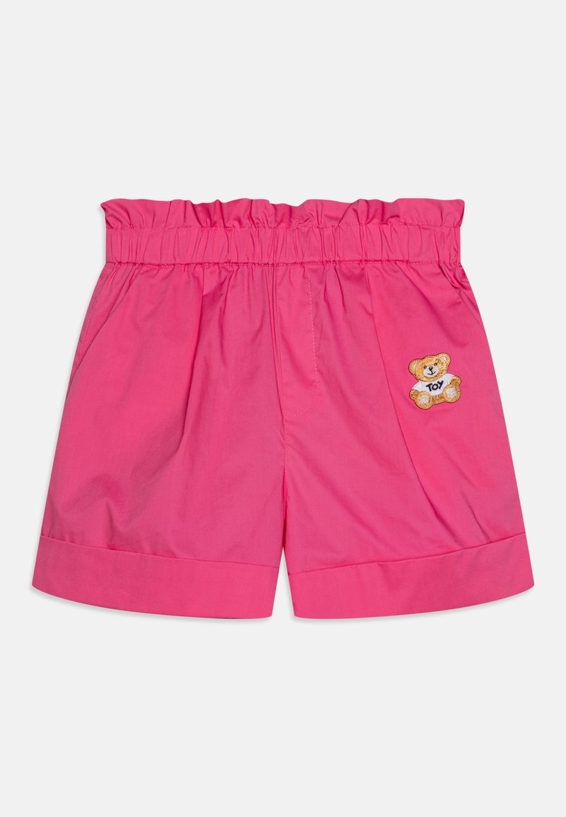 Rozā kokvilnas šorti ar elastīgu jostu, ar sānu kabatām un izšūtu lāča detaļu kreisajā priekšā.