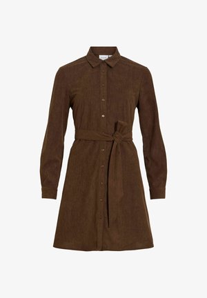 Brown, button-up dress with a collar, long sleeves, a tied belt at the waist, and a soft, textured fabric.