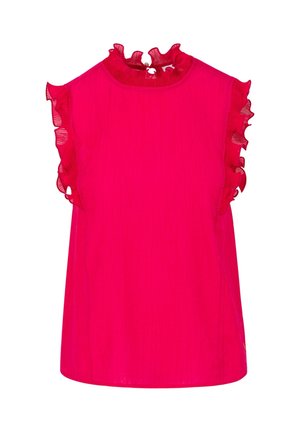 Mouwloze felroze blouse met doorschijnende, gerimpelde rand rond de halslijn en armopeningen, voorzien van een kleine keyhole knoopsluiting aan de achterkant.