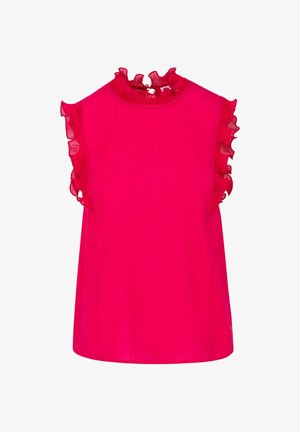 Mouwloze felroze blouse met doorschijnende, gerimpelde rand rond de halslijn en armopeningen, voorzien van een kleine keyhole knoopsluiting aan de achterkant.