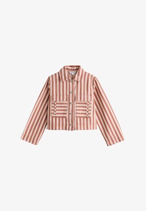 Lühike jakk roosade ja valgete vertikaalsete triipudega, pikad varrukad, nööpidega ees, kaks esimest taskut horisontaalsete triipudega.