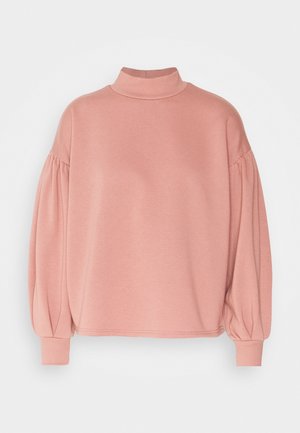 Růžová mikina s krátkým stojáčkem, objemnými rukávy, žebrovanými manžetami a hladkou, měkkou texturou. Jednoduchý, čistý design.