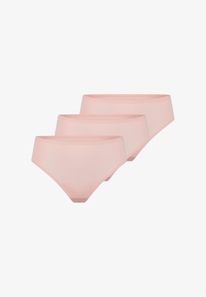 Pakke med tre par kvindelige hipster-trusser i blødt, lyserødt stof. Har sømløse kanter og en behagelig mid-rise design.