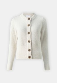 White cardigan made of soft textured material, featuring a round neck, six prominent brown buttons, and ribbed sleeve cuffs.