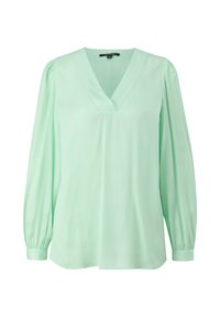 Blusa verde menta chiaro realizzata in tessuto liscio, con scollo a V, maniche lunghe a sbuffo e una vestibilità rilassata con orlo curvo.