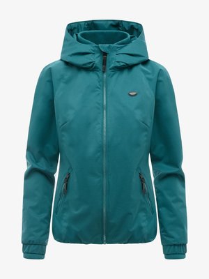 Morska damska kurtka z kapturem, z przednim zamkiem błyskawicznym, zamykanymi na zamek bocznymi kieszeniami, elastycznymi mankietami oraz małym logo marki na piersi.