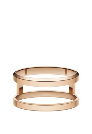 Rožinio aukso apyrankė su dviem koncentriniais apyrankės variantais, sujungtais vertikaliomis juostelėmis. Lygus, poliruotas paviršius su moderniu minimalistiniu dizainu.