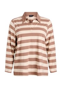 Long-sleeve polo shirt in beige and light brown stripes, featuring a collared neckline and soft fabric texture.