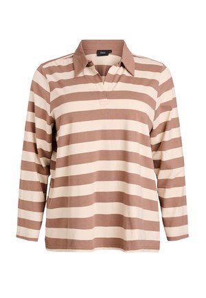 Long-sleeve polo shirt in beige and light brown stripes, featuring a collared neckline and soft fabric texture.