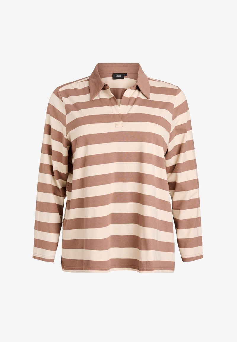 Long-sleeve polo shirt in beige and light brown stripes, featuring a collared neckline and soft fabric texture.