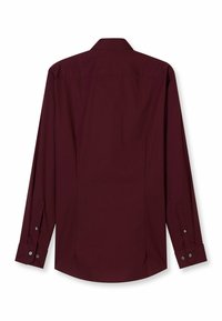 Bordeauxfarbene Langarmbluse mit klassischem Kragen, Knopfmanschetten und glatter Textur. Verfügt über ein schlichtes Rückendesign mit seitlichen Falten.