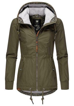 Grüne Kapuzenjacke mit vorderem Reißverschluss, Kordelzügen an Taille und Saum, mit Fleece gefütterter Kapuze und vorne mit Knöpfen verschließbaren Taschen.