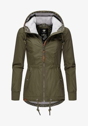 Grüne Kapuzenjacke mit vorderem Reißverschluss, Kordelzügen an Taille und Saum, mit Fleece gefütterter Kapuze und vorne mit Knöpfen verschließbaren Taschen.