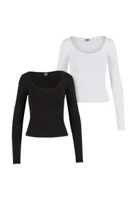 Kaksi pitkähihasta paitaa: yksi musta ja yksi valkoinen. Molemmissa on leveä, pyöreä pääntie ja ne on valmistettu sileästä, venyvästä kankaasta.