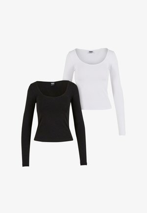 Kaksi pitkähihasta paitaa: yksi musta ja yksi valkoinen. Molemmissa on leveä, pyöreä pääntie ja ne on valmistettu sileästä, venyvästä kankaasta.