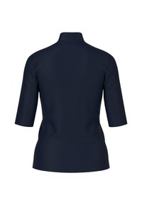 Marineblauw nauwsluitend poloshirt met een hoge kraag en mouwen tot aan de elleboog. Glad stofoppervlak, effen kleur, geen zichtbare patronen of accenten.
