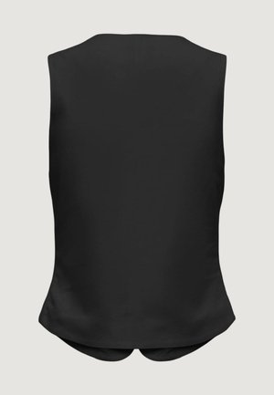 Svarte ermeløse vest med en tettsittende bakside og diskret kurve ved midjen, vist mot en enkel lys bakgrunn.