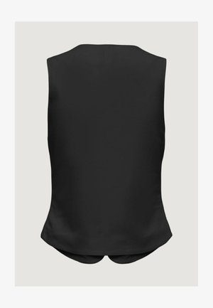 Zwart mouwloos vest met een nauwsluitende achterkant en een subtiele taillecurve, getoond tegen een effen lichte achtergrond.