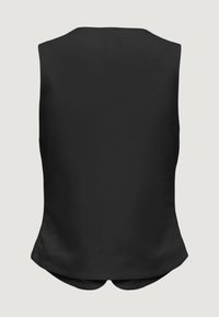 Gilet noir sans manches avec un dos ajusté et une légère courbe à la taille, présenté sur un fond clair uni.
