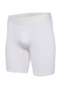 Witte sportieve shorts met een gladde textuur, elastische tailleband en een aansluitend ontwerp. Bevat een ondersteunende pouch en rechte pijpen.