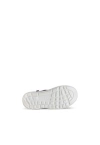 Semelle de chaussure en caoutchouc blanche avec un motif de grip texturé, arborant le logo "ecco" embossé au centre. Les couleurs incluent des nuances de violet.