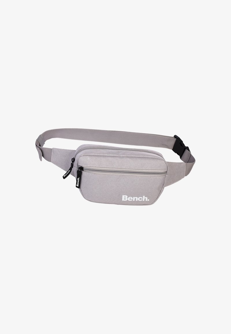 Gray fabric fanny pack with a smooth texture, featuring a front zippered compartment, adjustable strap, and a white logo on the front.