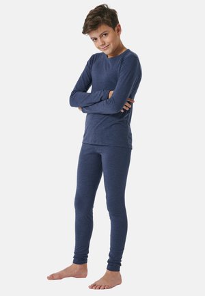 Navy blue long-sleeve top and leggings set, featuring a smooth texture and fitted design. Lightweight fabric with a round neckline.