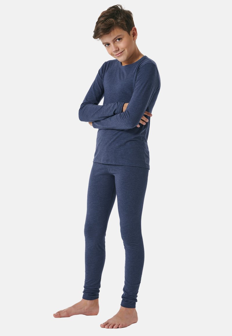 Navy blue long-sleeve top and leggings set, featuring a smooth texture and fitted design. Lightweight fabric with a round neckline.
