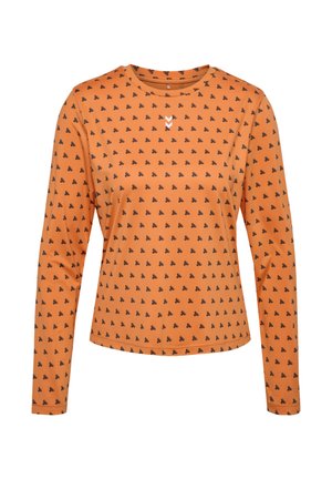 Långärmad orange skjorta med svarta mönstrade detaljer, med rundad halsringning och en liten vit logotyp på bröstet. Mjuk, lättviktsmaterial.