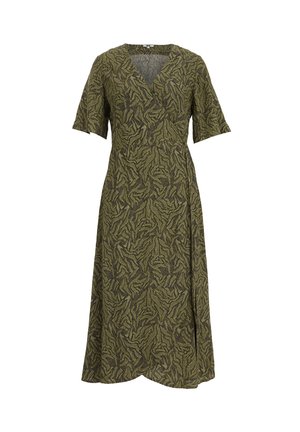 Olivengrünes Kleid mit kurzen Ärmeln, V-Ausschnitt und fließender Silhouette. Verfügt über eine blattmusterartige Struktur für visuelles Interesse.