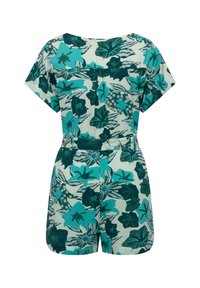 Kratka jersey obleka s kratkimi rokavi iz lahkega materiala z zelenim in teal cvetličnim vzorcem, z zategnjenim pasom in hlačami. Hrbtna stran ima detajl s ključavnico.