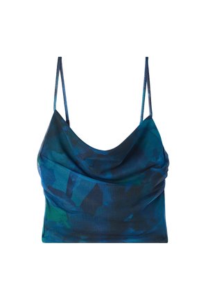 Niebiesko-zielona abstrakcyjna wzorzysta kobieca crop top bez rękawów z cienkimi ramiączkami i opadającą linią dekoltu.